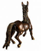 Antique brown brass galloping horse statue, rear side view with flowing tail