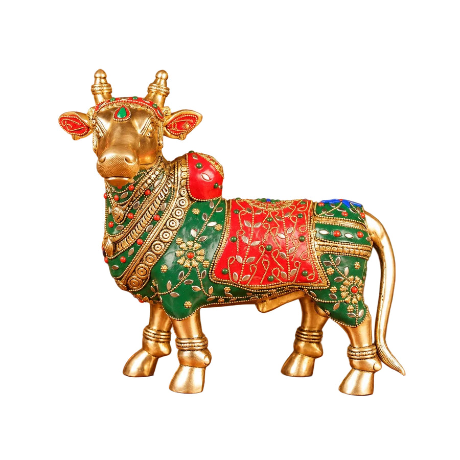 Brass Nandi Bull Idol with Intricate Stonework – Sacred Nandi Statue for Mandir Décor (Height:11 Inches) Craft Detail
