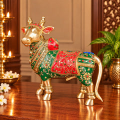 Brass Nandi Bull Idol with Intricate Stonework – Sacred Nandi Statue for Mandir Décor (Height:11 Inches)