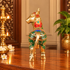Brass Nandi Bull Idol with Intricate Stonework – Sacred Nandi Statue for Mandir Décor (Height:11 Inches)