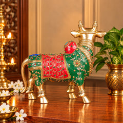 Brass Nandi Bull Idol with Intricate Stonework – Sacred Nandi Statue for Mandir Décor (Height:11 Inches)