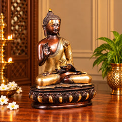 Handcrafted Brass Buddha Idol with Lotus Base – Elegant Spiritual Décor for Home & Temple (Height:13 Inches)
