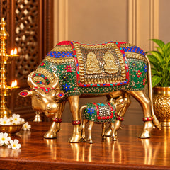 Brass Cow with Calf Statue – Handcrafted Gau Mata Idol with Stonework (Height:15 Inches)
