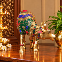 Brass Cow with Calf Statue – Handcrafted Gau Mata Idol with Stonework (Height:15 Inches)