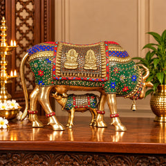 Brass Cow with Calf Statue – Handcrafted Gau Mata Idol with Stonework (Height:15 Inches)