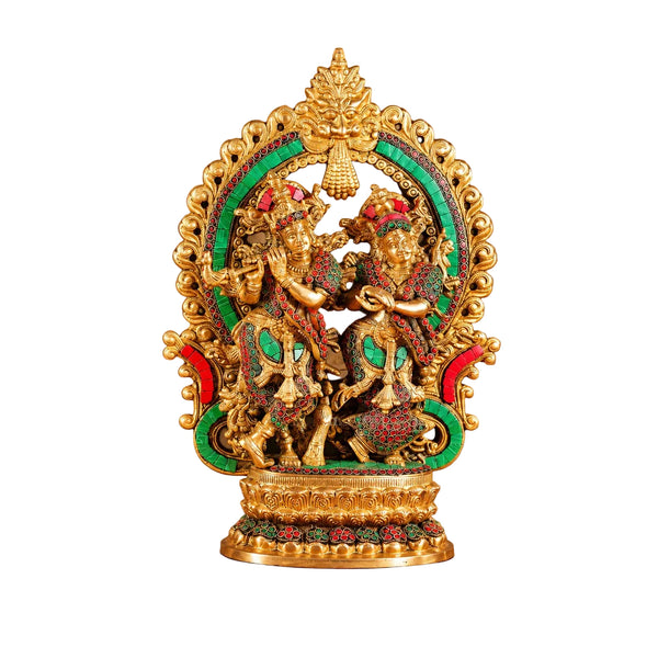 Brass Radha Krishna Idol with Intricate Stonework | Decorative Hindu God Statue for Home Temple (Height: 16 Inches) Entryway Setting
