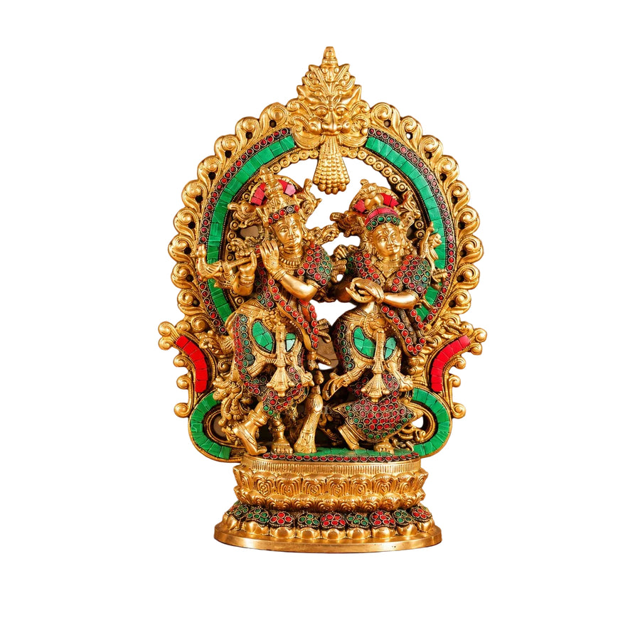 Brass Radha Krishna Idol with Intricate Stonework | Decorative Hindu God Statue for Home Temple (Height: 16 Inches) Craft Detail