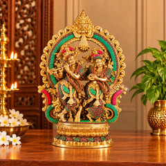 Brass Radha Krishna Idol with Intricate Stonework | Decorative Hindu God Statue for Home Temple (Height: 16 Inches)
