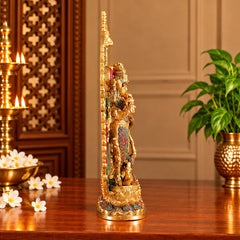 Brass Radha Krishna Idol with Intricate Stonework | Decorative Hindu God Statue for Home Temple (Height: 16 Inches)