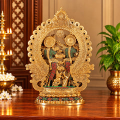Brass Radha Krishna Idol with Intricate Stonework | Decorative Hindu God Statue for Home Temple (Height: 16 Inches)