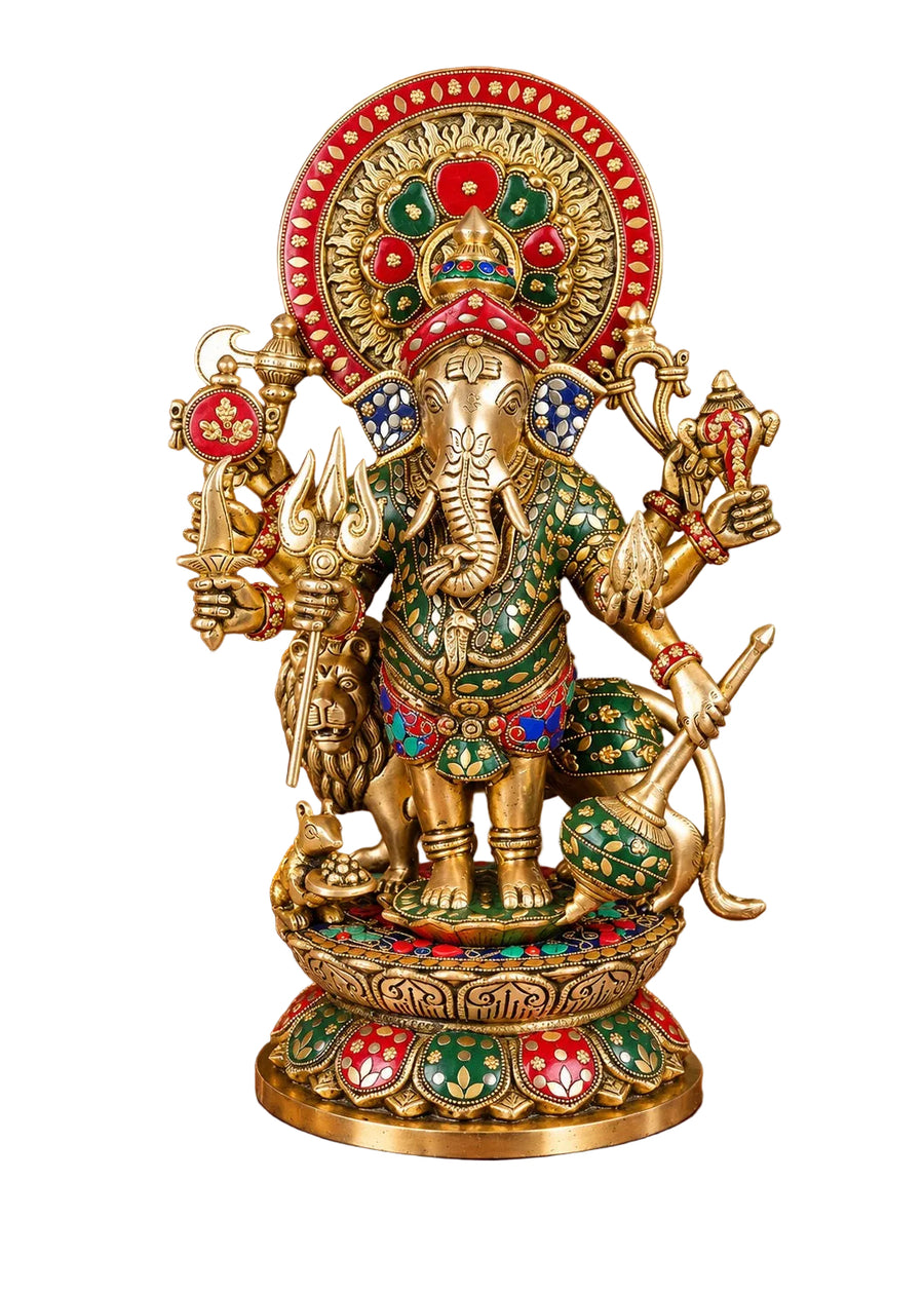 Brass Drishti Ganesha Statue with Lion | Traditional Hindu Idol for Pooja and Home Temple (Height: 17 Inches) Craft Detail