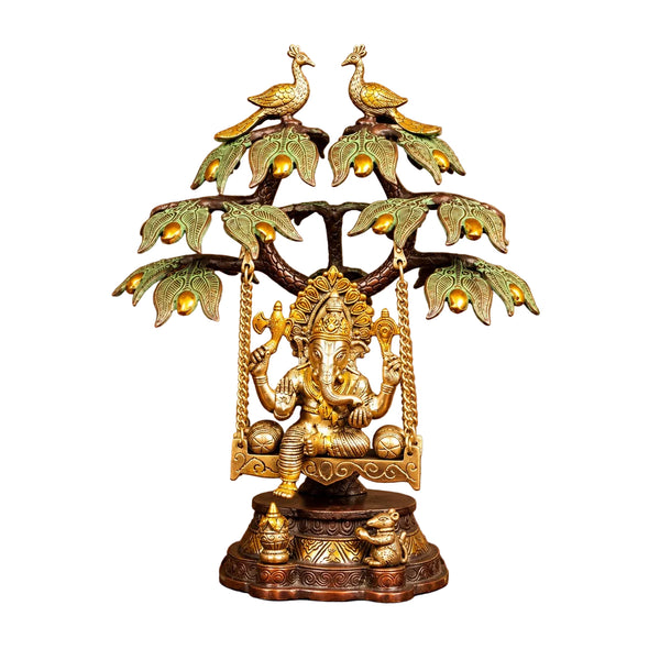 Brass Lord Ganesha Statue on Swing with Tree | Traditional Decorative Ganesh Idol (Height: 16.5 Inches) Entryway Setting