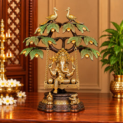 Brass Lord Ganesha Statue on Swing with Tree | Traditional Decorative Ganesh Idol (Height: 16.5 Inches)