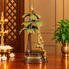 Brass Lord Ganesha Statue on Swing with Tree | Traditional Decorative Ganesh Idol (Height: 16.5 Inches)