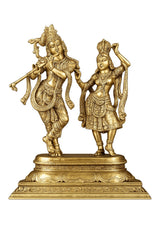 Brass Radha Krishna statue, two figures holding hands on ornate pedestal base