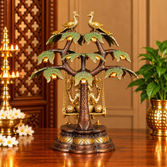 Brass Lord Ganesha Statue on Swing with Tree | Traditional Decorative Ganesh Idol (Height: 16.5 Inches)