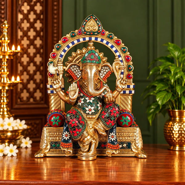 Brass Ganesha Idol with Intricate Stonework | Traditional Ganpati Statue for Home Temple (Height: 17 Inches) Mandir Setting
