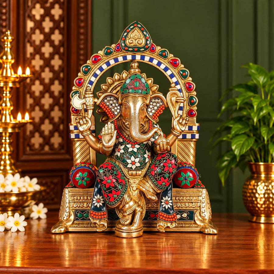 Front view Brass Ganesha idol statue with colorful gemstone inlay and ornate arch