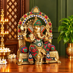 Brass Ganesha Idol with Intricate Stonework | Traditional Ganpati Statue for Home Temple (Height: 17 Inches)
