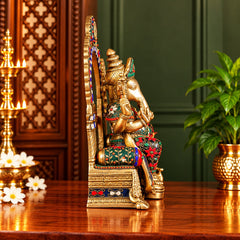 Brass Ganesha Idol with Intricate Stonework | Traditional Ganpati Statue for Home Temple (Height: 17 Inches)