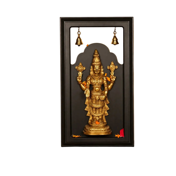 Tirupati Balaji Brass Wall Hanging with Bells and Frame (Height: 18 Inches) Study Setting
