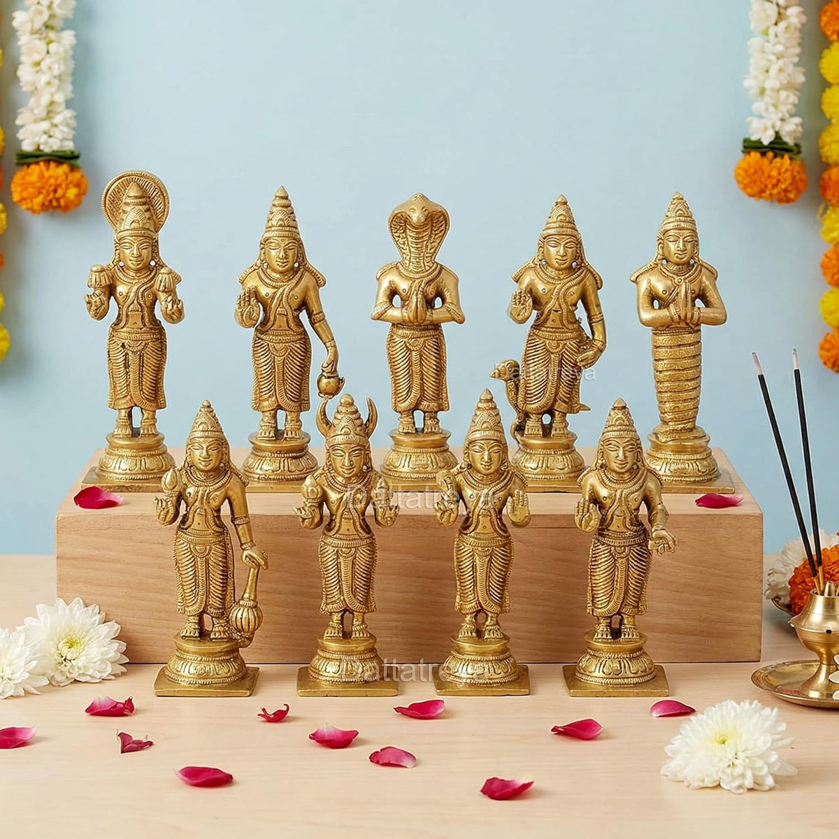 Brass Navgraha Statue Nine Planetary Deities Intricate Brass Sculpture for Home Temple and Vedic Astrology Decor (Height 5.5 Inch)