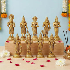 Gold brass Navgraha deity statue set of nine figures on a wooden base