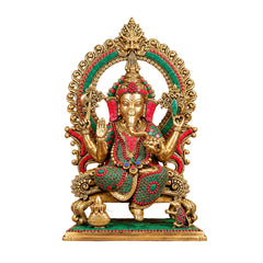 Brass Lord Ganesha on Sinhasan with Stonework (Height: 18 Inches)