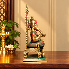 Brass Lord Ganesha on Sinhasan with Stonework (Height: 18 Inches)