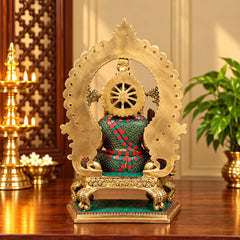 Brass Lord Ganesha on Sinhasan with Stonework (Height: 18 Inches)