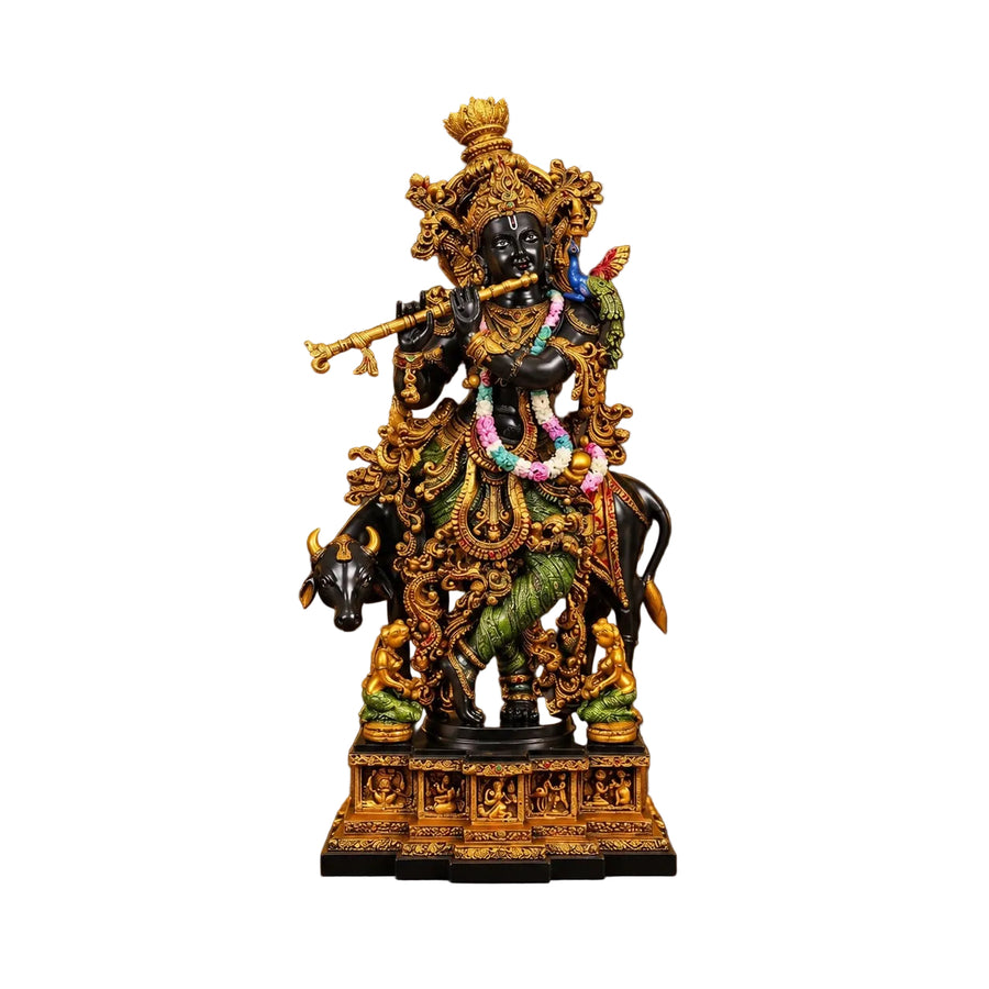 Krishna with Cow Brass Idol – Hand-Painted Large Murti for Home Temple (Height: 28 Inches) Craft Detail