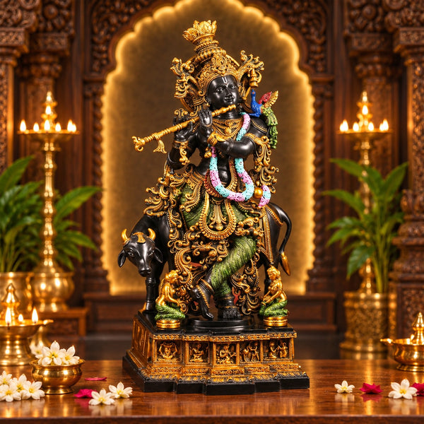 Krishna with Cow Brass Idol – Hand-Painted Large Murti for Home Temple (Height: 28 Inches) Study Setting