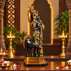 Krishna with Cow Brass Idol – Hand-Painted Large Murti for Home Temple (Height: 28 Inches)