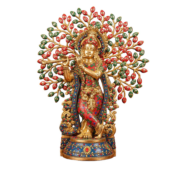 Brass Lord Krishna with Tree of Life & Stonework – Luxury Handcrafted Idol (Height: 21.5 Inches) Entryway Setting