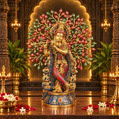 Brass Lord Krishna with Tree of Life & Stonework – Luxury Handcrafted Idol (Height: 21.5 Inches)