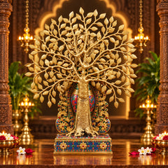 Brass Lord Krishna with Tree of Life & Stonework – Luxury Handcrafted Idol (Height: 21.5 Inches)