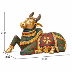 Brass Nandi Cow Sitting Statue with Intricate Stonework (Height:21 Inches)