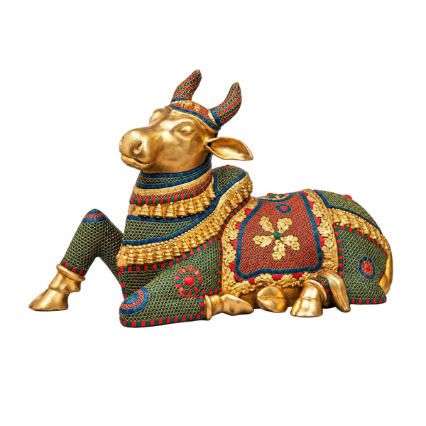 Brass Nandi Cow Sitting Statue with Intricate Stonework (Height:21 Inches) Entryway Setting