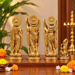 Brass ram darbar statue set of four gold-toned idols, side view with small figure