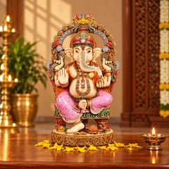 Large Seated Lord Ganesha Idol with Ornate Arch | Hand-Painted Marble Dust & Cold Cast Statue for Home Temple, Pooja Room & Décor (Height:7 Inches)