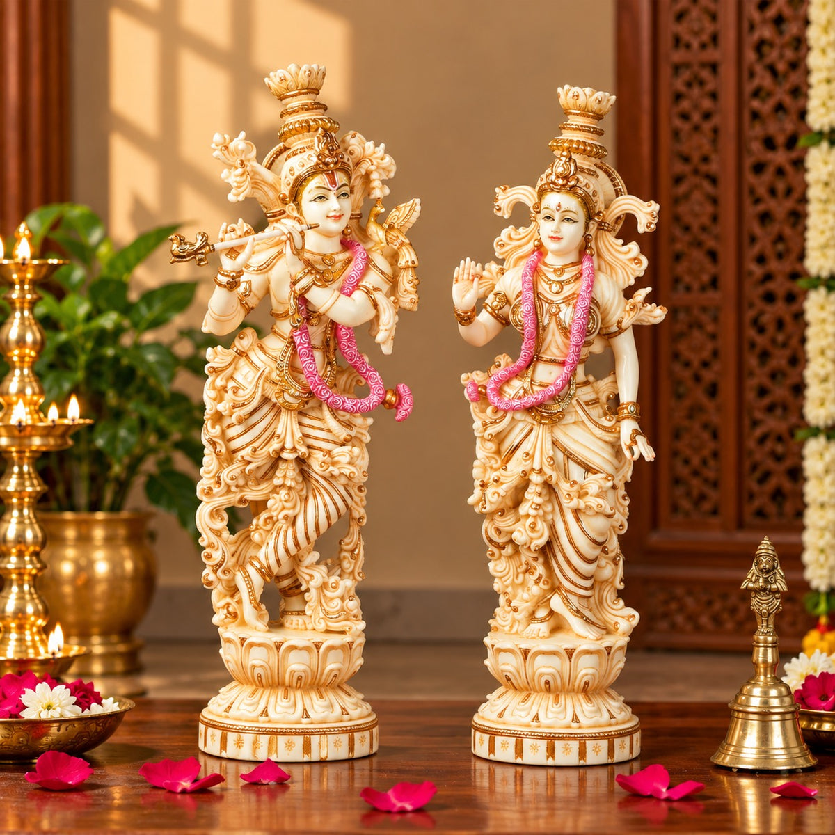 Radha Krishna Hand-Painted Marble Dust Statue – Decorative Idol for Home & Temple (Height:14 Inches)