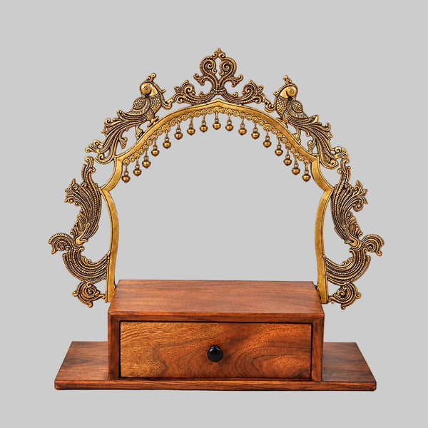 Temple Altar with Bells and Wooden Drawer | Decorative Brass & Wood Showpiece for Home and Office (Height:20.5 Inches) Study Setting