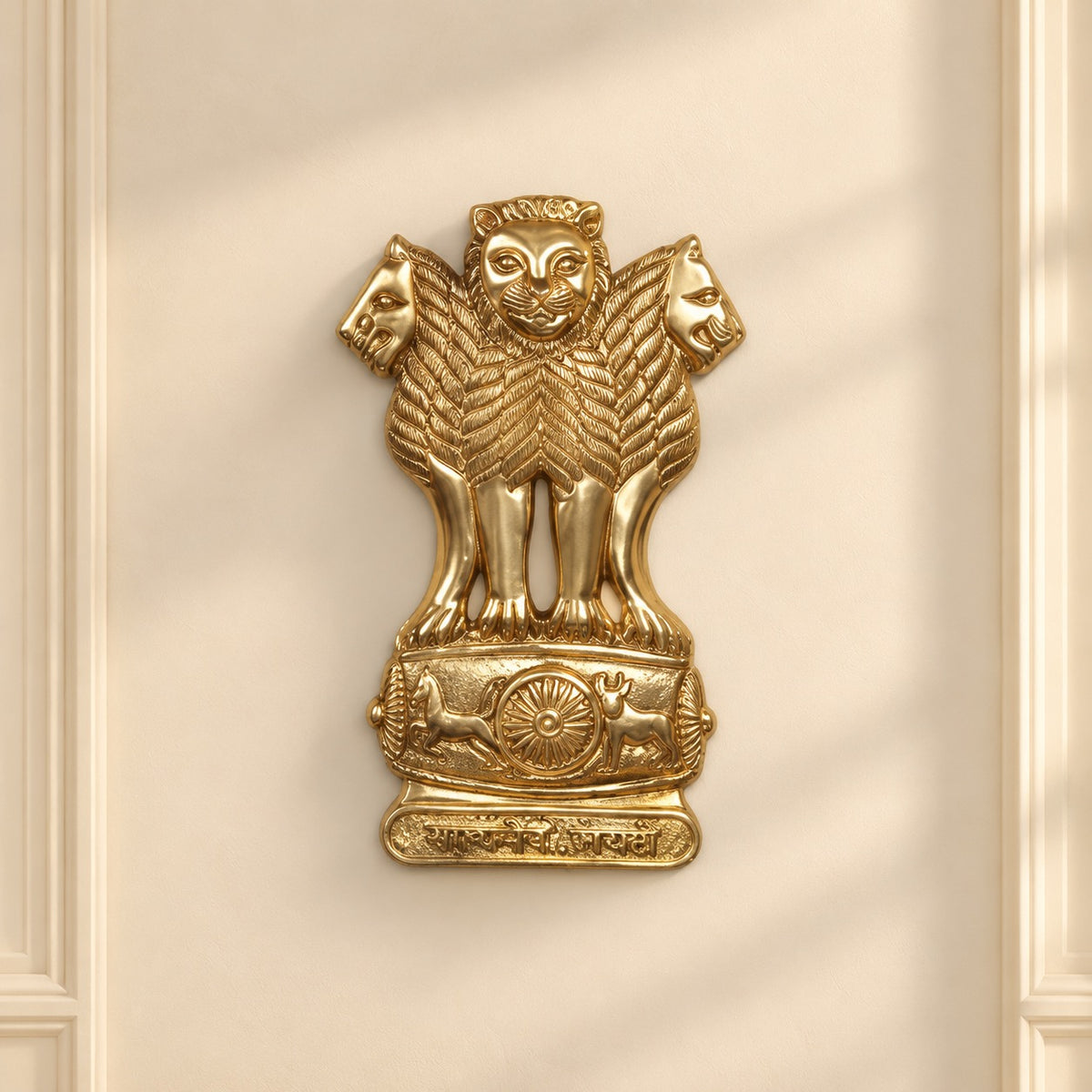 Large Brass Ashoka Stambh Wall Hanging | Indian National Emblem Decorative Wall Art | Handcrafted Brass Lion Capital Sculpture for Home & Office Décor (Height: 12 Inches)