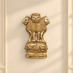 Large Brass Ashoka Stambh Wall Hanging | Indian National Emblem Decorative Wall Art | Handcrafted Brass Lion Capital Sculpture for Home & Office Décor (Height: 12 Inches)