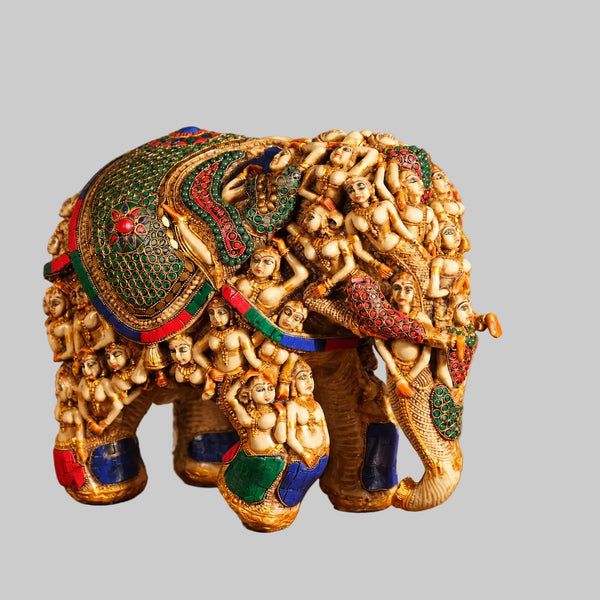 Resin Handcrafted Lady Elephant Sculpture | Ornate Folk Art Decorative Statue (Height: 14 Inches) Entryway Setting