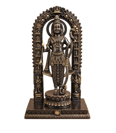 Lord Ram standing brass idol with golden-and-black patina, crowned figure in halo arch.
