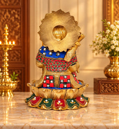 Brass Ram Lalla deity statue back view, jeweled torso details and lotus base