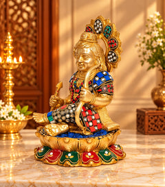 Brass Ram Lalla deity statue, seated on lotus base, colorful jeweled outfit and crown