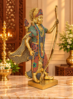 Multicolor brass Lord Rama statue with bow and arrow, left profile view