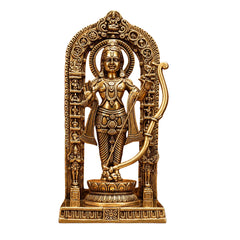 Brass deity statue front view with arched halo frame and decorated pedestal base
